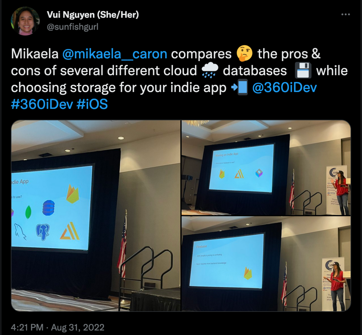 pictures of Mikaela's talk at 360iDev